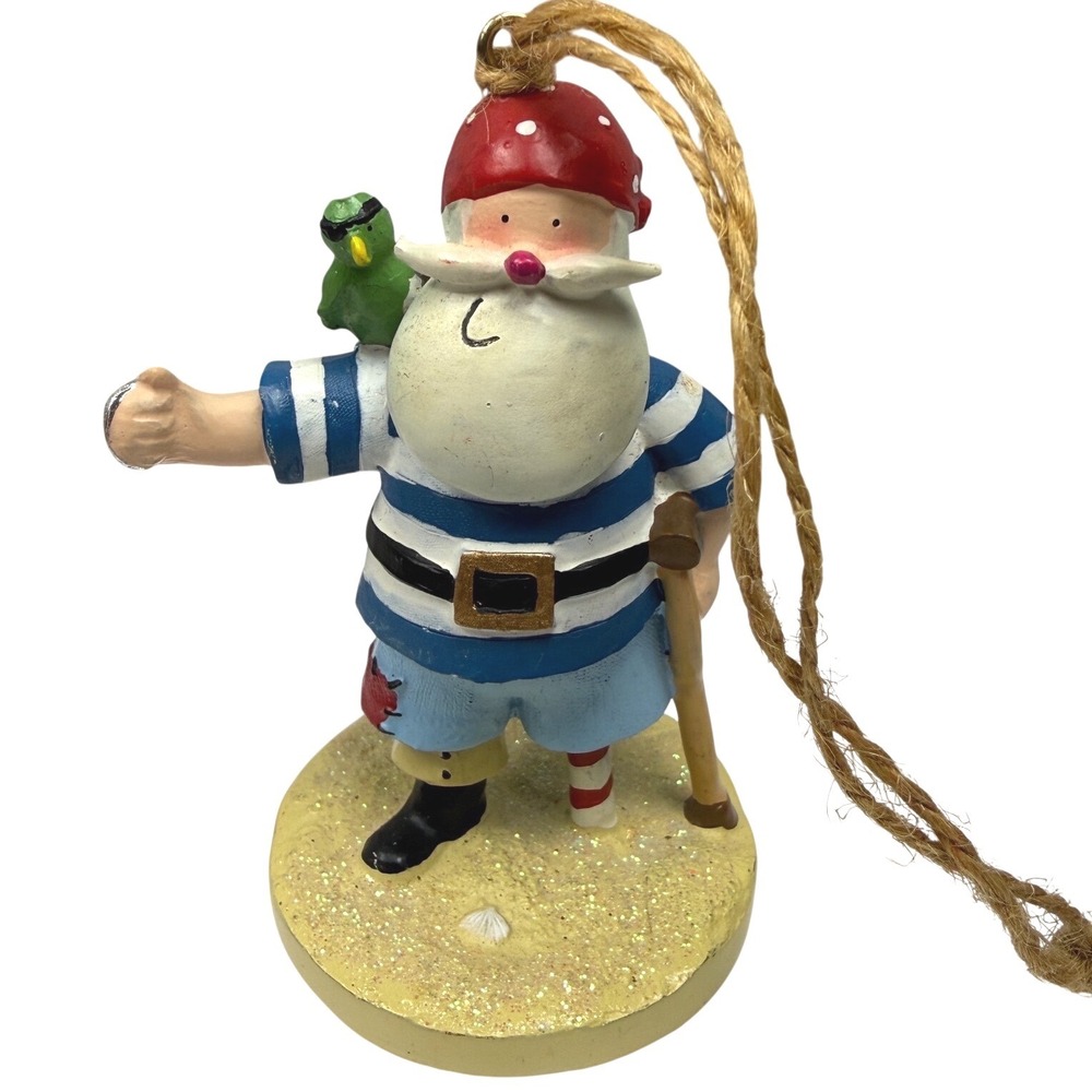 Vintage Pirate Santa Christmas Ornament Parrot Peg Leg Glitter Beach Resin